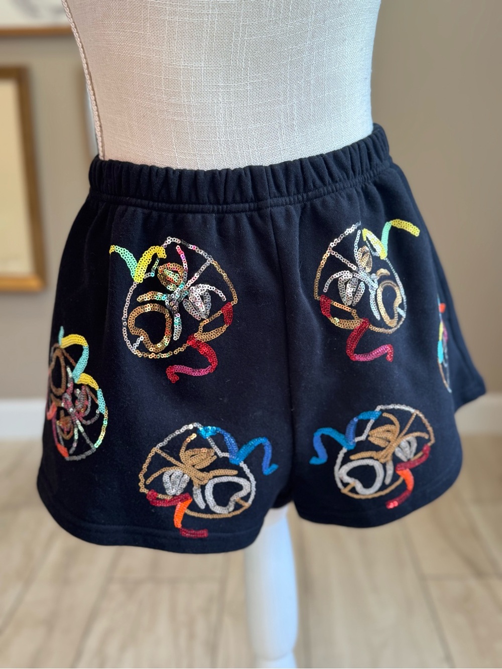 NWT! QUEEN OF SPARKLES Black Sequin Comedy Tragedy Shorts